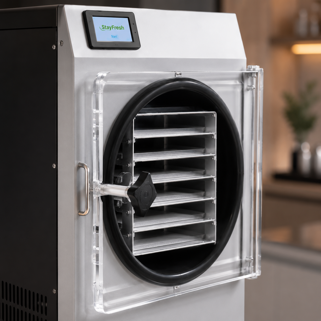 Close-up of the Stay Fresh Mega Freeze Dryer showing touchscreen, chamber, door and stainless steel trays
