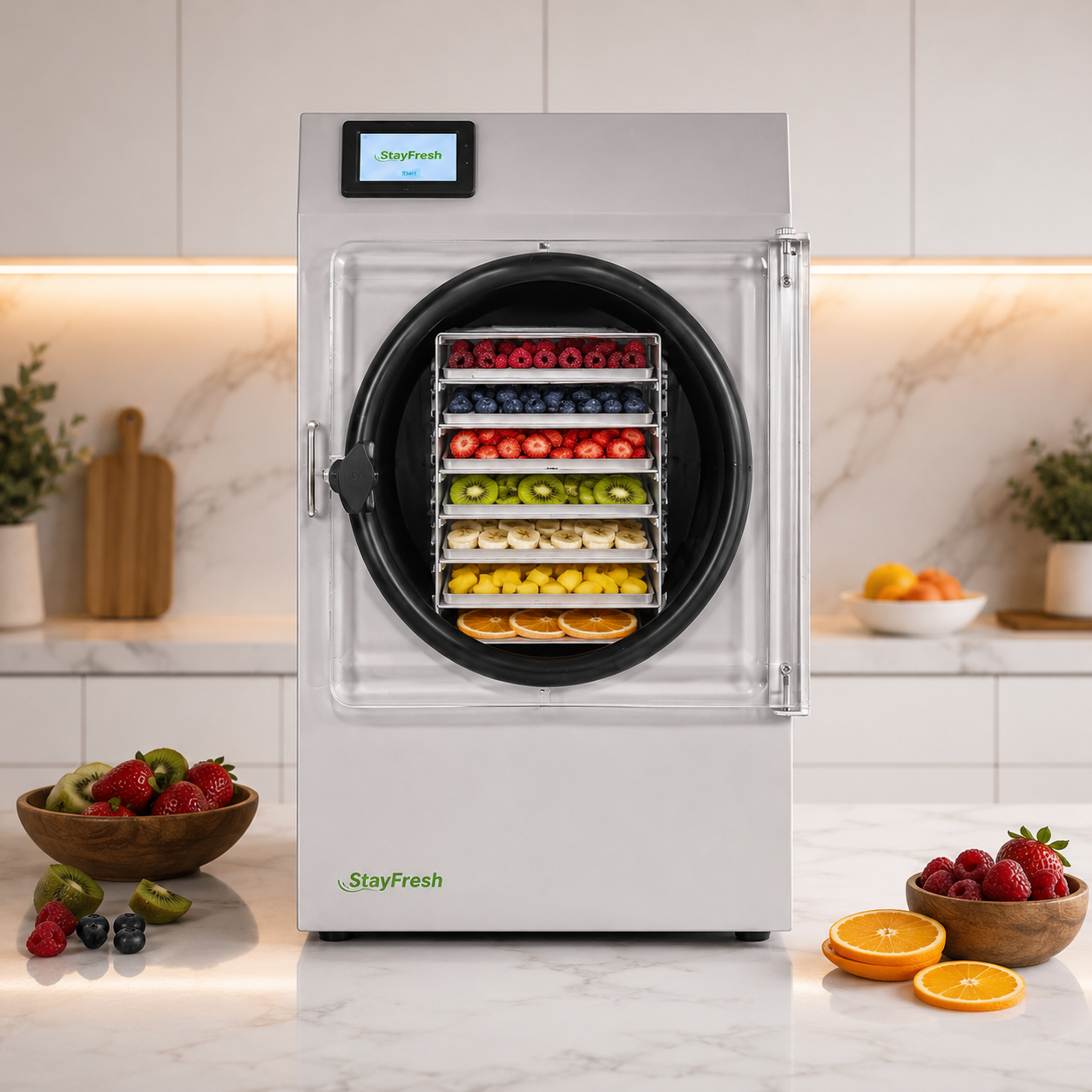 Stay Fresh Mega Freeze Dryer in a modern kitchen with fruit loaded on freeze drying trays