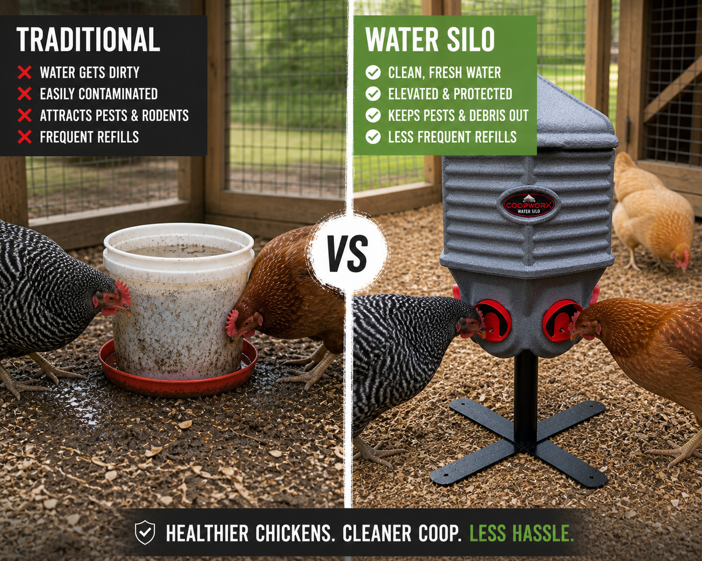 Side by side comparison of traditional chicken waterer and elevated water silo showing cleaner water and improved coop hygiene