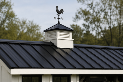 Close-up of white shed cupola with black metal roof and black rooster weathervane on a custom chicken coop.