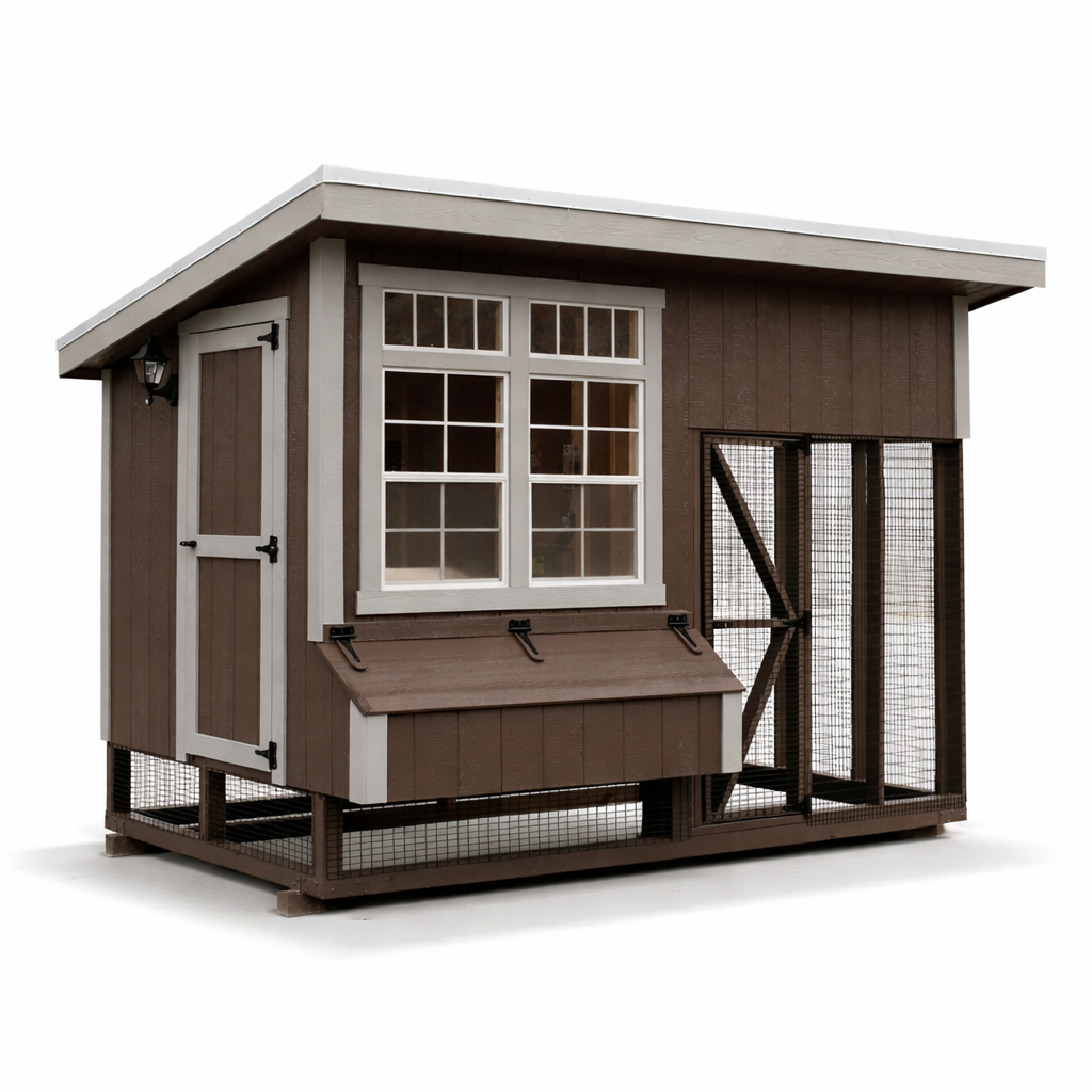Premium wooden chicken coop with attached wire run, front view, shown on a clean white background with natural shadow