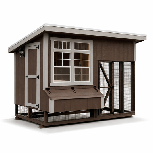 Premium wooden chicken coop with attached wire run, front view, shown on a clean white background with natural shadow